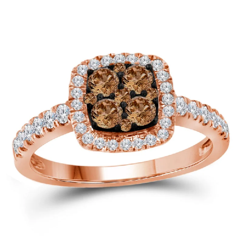 two-shade promise ring-14kt Rose Gold Womens Round Brown Diamond Square Cluster Ring 3/4 Cttw