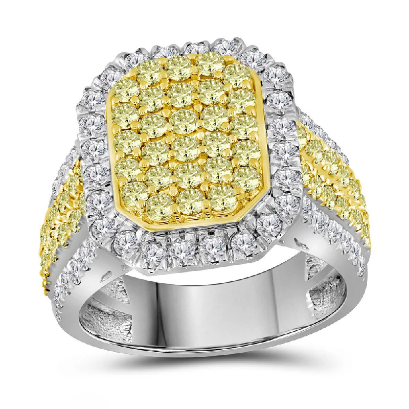 tech night ring-14kt White Gold Womens Round Canary Yellow Diamond Rectangle Cluster Ring 2-1/3 Cttw