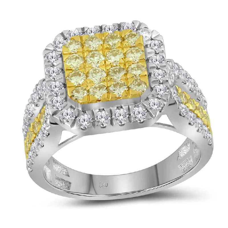 raw turquoise ring-14kt White Gold Womens Round Canary Yellow Diamond Square Cluster Ring 1-3/4 Cttw