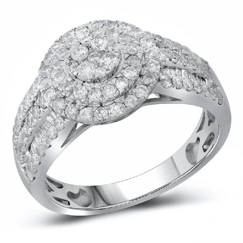 floral-themed stack ring-14kt White Gold Womens Round Diamond Cluster Double Halo Ring 1 Cttw