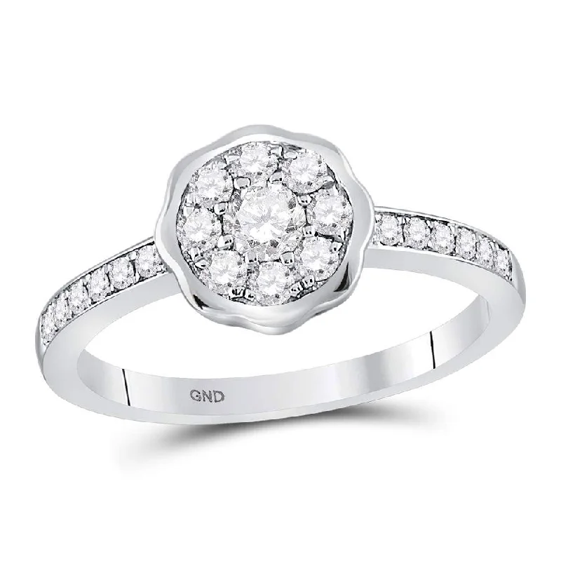 crescent wave ring-14kt White Gold Womens Round Diamond Flower Cluster Ring 1/2 Cttw