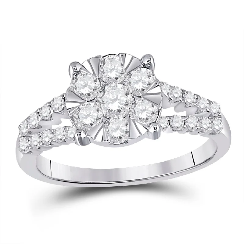 sprig promise ring-14kt White Gold Womens Round Diamond Flower Cluster Ring 1 Cttw