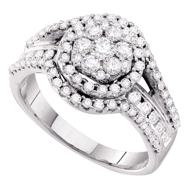 sprig promise ring-14kt White Gold Womens Round Diamond Framed Flower Cluster Cocktail Ring 1 Cttw