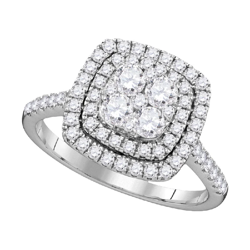 ripple-shaped topaz ring-14kt White Gold Womens Round Diamond Square Double Halo Cluster Ring 1 Cttw