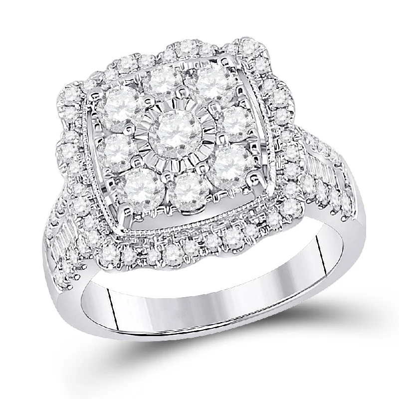 ripple promise ring-14kt White Gold Womens Round Diamond Square Flower Cluster Ring 2 Cttw