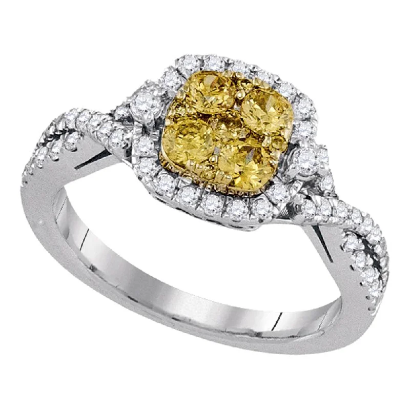 sturdy silver ring-14kt White Gold Womens Round Natural Canary Yellow Diamond Square Cluster Ring 1 Cttw