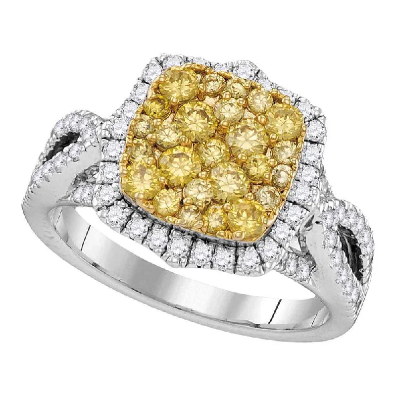 adaptable stacking ring-14kt White Gold Womens Round Yellow Diamond Canary Cluster Ring 1-1/2 Cttw