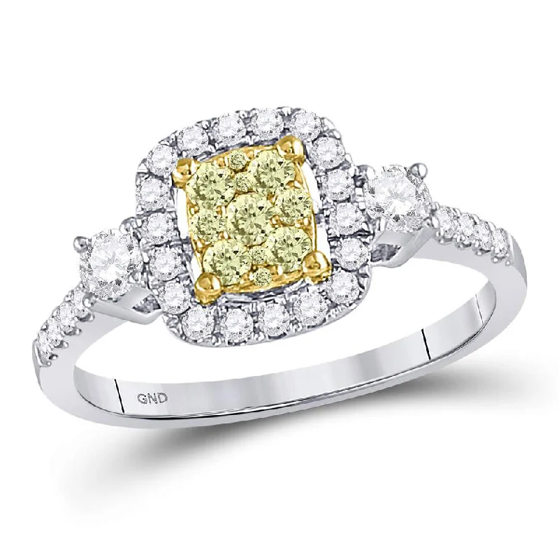 ancestral pearl ring-14kt White Gold Womens Round Yellow Diamond Square Frame Cluster Ring 5/8 Cttw