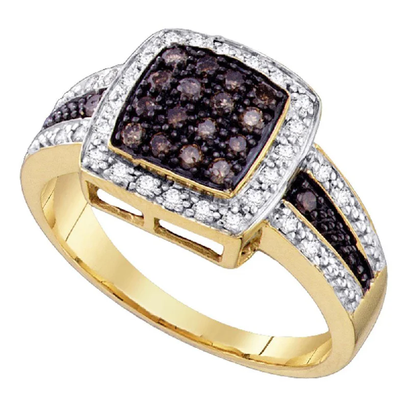 adaptable promise ring-14kt Yellow Gold Womens Round Brown Diamond Cluster Ring 1/2 Cttw - Size 5