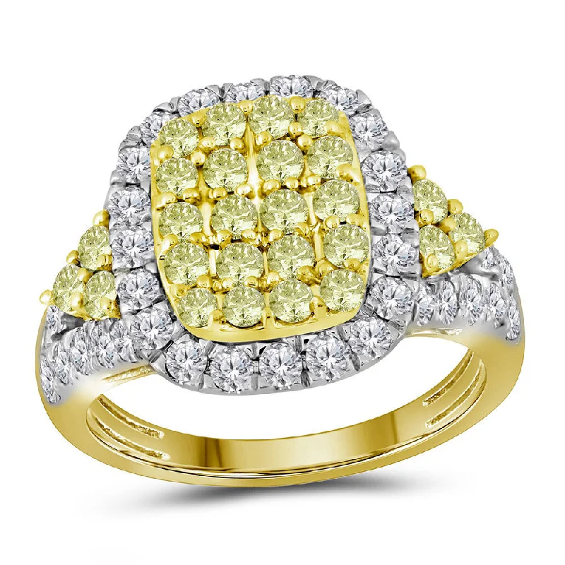 chiseled gemstone ring-14kt Yellow Gold Womens Round Canary Yellow Diamond Rectangle Cluster Ring 1-7/8 Cttw