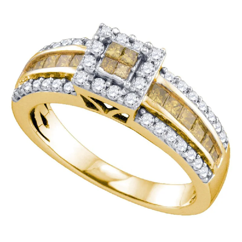 extravagant cocktail ring-14kt Yellow Gold Womens Round Yellow Color Enhanced Diamond Square Cluster Ring 7/8 Cttw