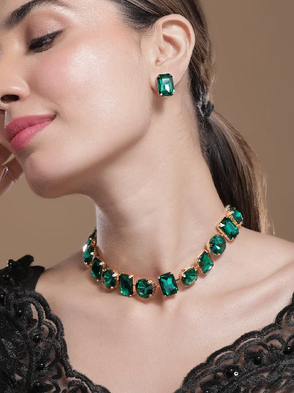 rose gold interlocked necklace-18K Gold Plated Crystal Emerald Studded Statement Necklace Set