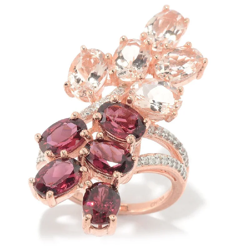 adaptable birthstone ring-18k Rose Gold Vermeil Over Silver Rhodolite, Morganite and White Zircon Elongated Ring