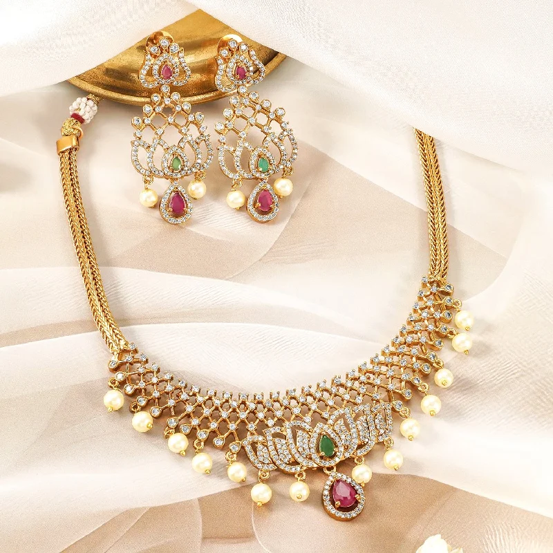 seven-gem drop necklace-22K Gold-Plated Ruby, Emerald & CZ Studded Lotus Motif Jewellery Set with Pearl Drop