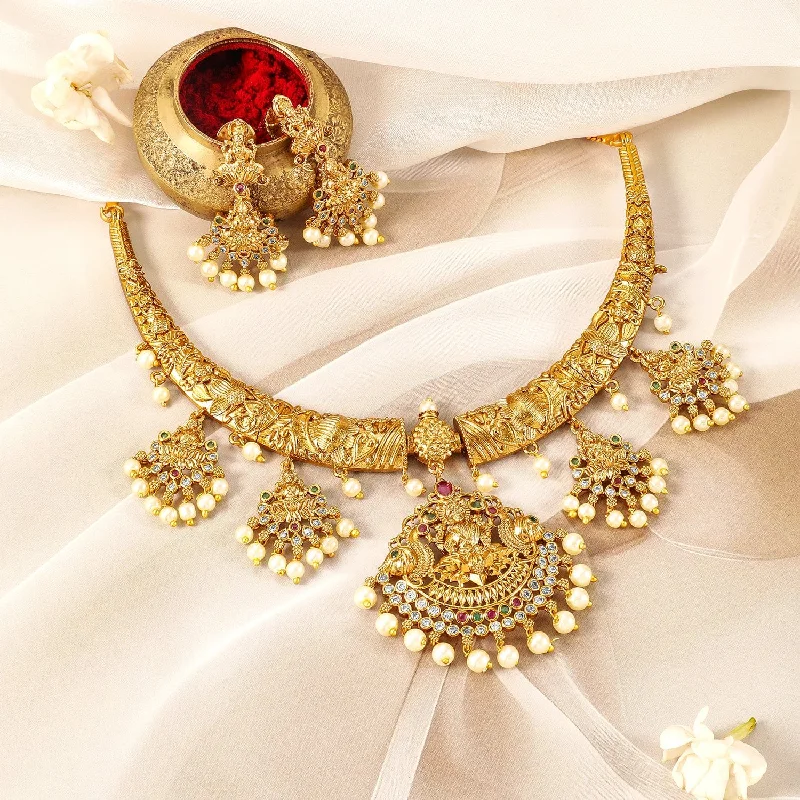 furrowed silver necklace-22K Gold-Plated Ruby, Emerald & CZ Studded Pearl Drops Lakshmi Temple Necklace Set