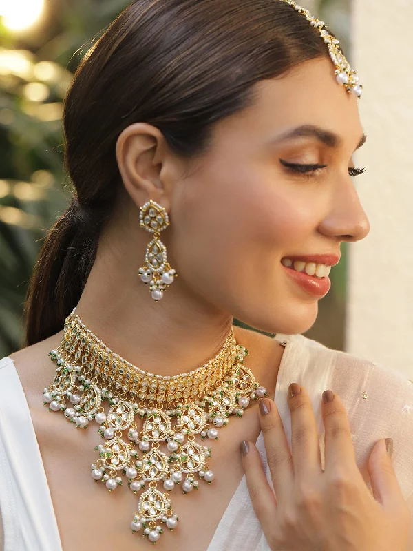 astral star necklace-22KT Gold Plated Luxury Kundan Studded White Beaded Choker Set