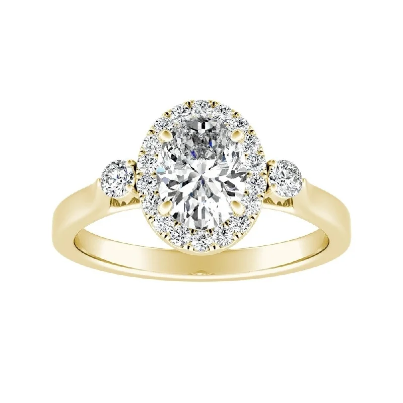 ancestral birthstone ring-3-stone Halo Oval Diamond Engagement Ring 3/4ctw 18k Gold by Auriya (I-J, I1-I2)