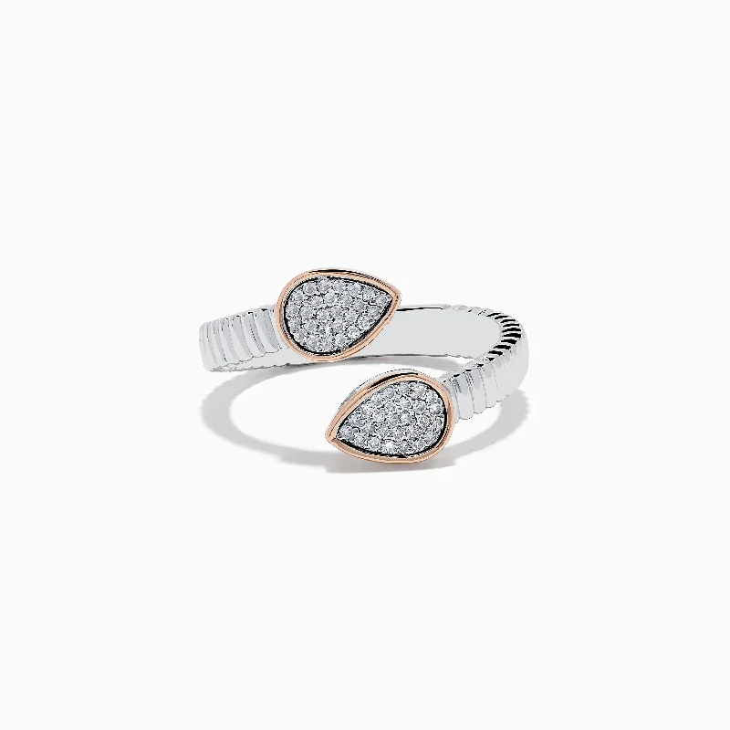 fluid stacking ring-925 Sterling Silver & 14K Rose Gold Diamond Bypass Ring