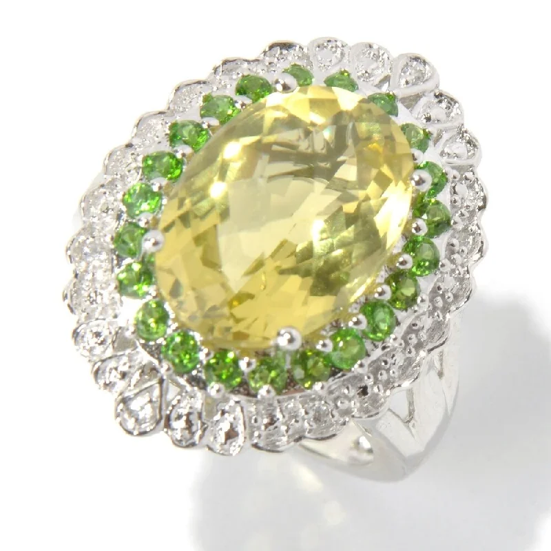 chiseled couple ring-925 Sterling Silver Chrome Diopside,White Natural Zircon,Lemon Quartz Ring