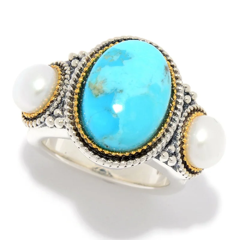 small initial ring-925 Sterling Silver Fresh Water Pearl and Blue Mohave Turquoise Ring