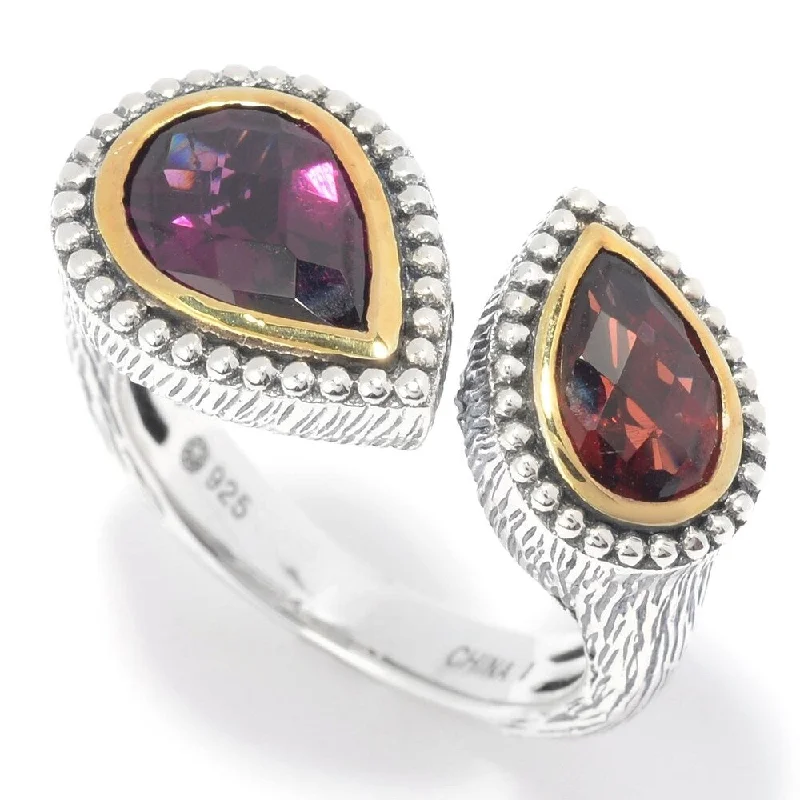 adaptable stacking ring-925 Sterling Silver Rhodolite Garnet and Red Garnet Bypass Ring