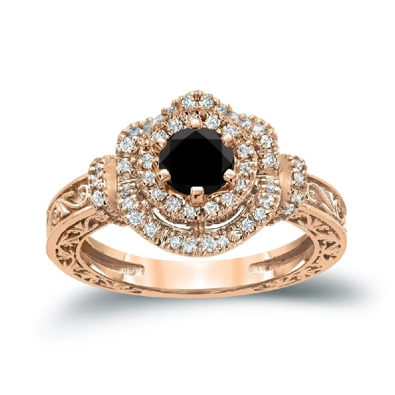 gothic topaz ring-Auriya 1 Carat tw Vintage Round Black Diamond Engagement Ring in 14KT