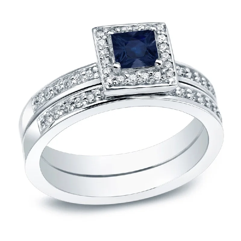 coiled silver ring-Auriya 14k Gold 1/2ct Princess-cut Blue Sapphire and 1ctw Halo Diamond Engagement Ring (I1-I2)