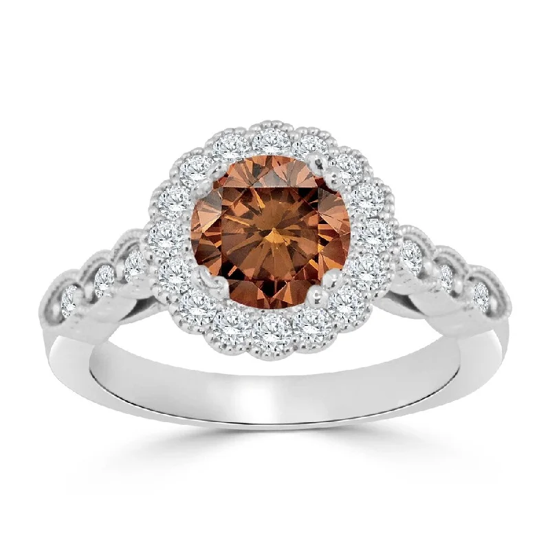 morganite promise ring-Auriya 14k Gold Vintage Inspired 1 1/2ct TDW Round Brown Diamond Floral Halo Engagement Ring