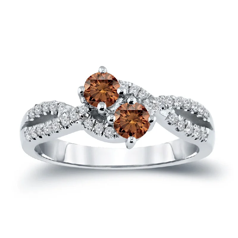 ancestral birthstone ring-Auriya Modern 3/4ctw Round 2-Stone Brown Diamond Engagement Ring 14K Gold (H-I, I1-I2)