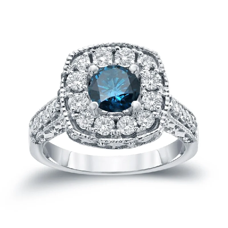 retro-style ring-Auriya Ornate 1 1/2ctw Halo Blue Diamond Engagement Ring 14k Gold