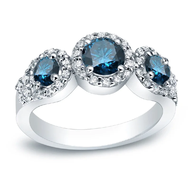 tech-inspired rivet ring-Auriya Platinum 1 1/5ctw 3-stone Halo Blue Diamond Engagement Ring