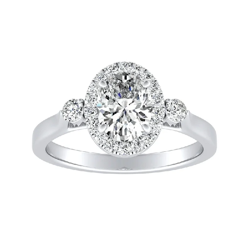 adaptable gemstone ring-Auriya Platinum 3-stone Halo Oval Diamond Engagement Ring 1/2ctw (H-I, SI1-SI2)