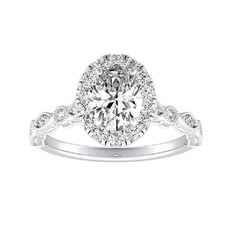 trillion cut diamond ring-Auriya Platinum Vintage Oval-cut 7/8ctw Halo Diamond Engagement Ring (I-J, I1-I2)