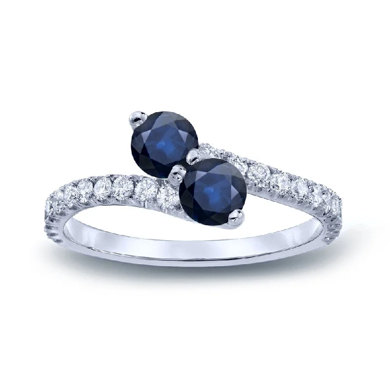 furrowed silver ring-Auriya Round 2-Stone 3/5ct Blue Sapphire and 1/3cttw Diamond Ring 14K Gold