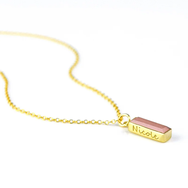 chiseled letter necklace-Pink Chalcedony Vertical Bar Necklace : October Birthstone : Adira Series