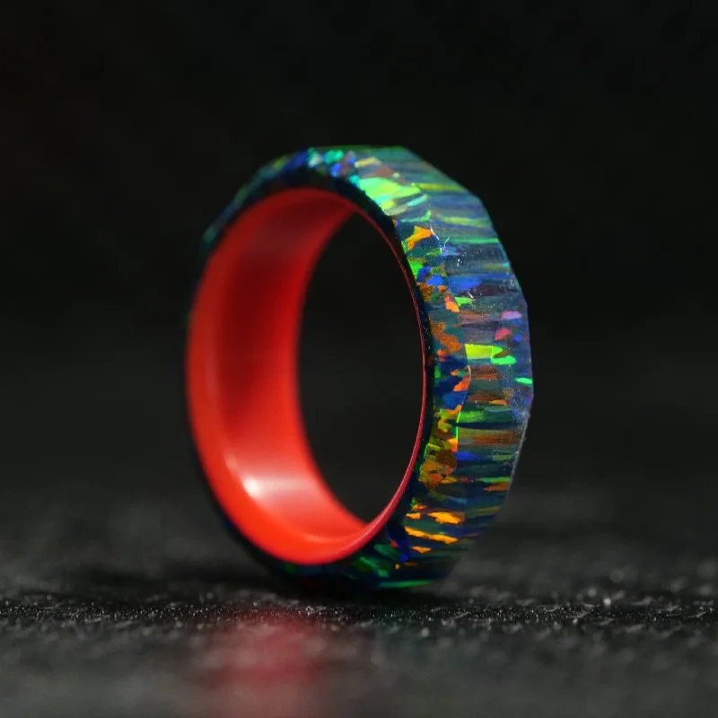 sprig chiseled ring-Black Fire Opal Ring with Glowing Resin Liner