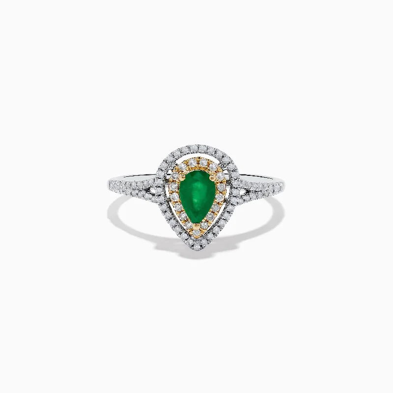 sculpted couple ring-14K White and Yellow Gold Pear Shaped Double Diamond Halo Emerald Ring