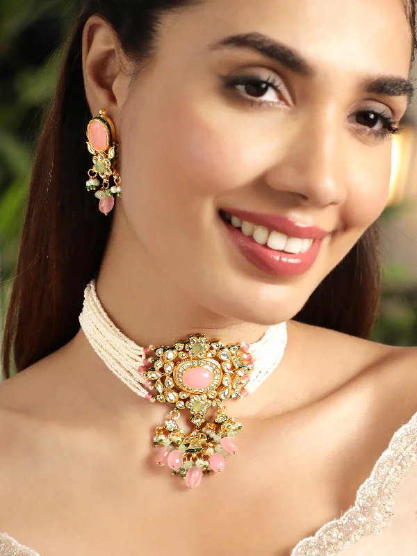 retro ruby pendant necklace-Rubans 22K Gold plated pastel pink gemstone with kundan and pearls regal Necklace set