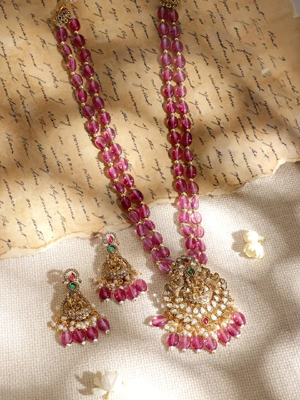 rose gold spiral necklace-Rubans Divine Radiance 22K Gold-Plated Crystal Beaded Laxmi Motif Jewelry Set