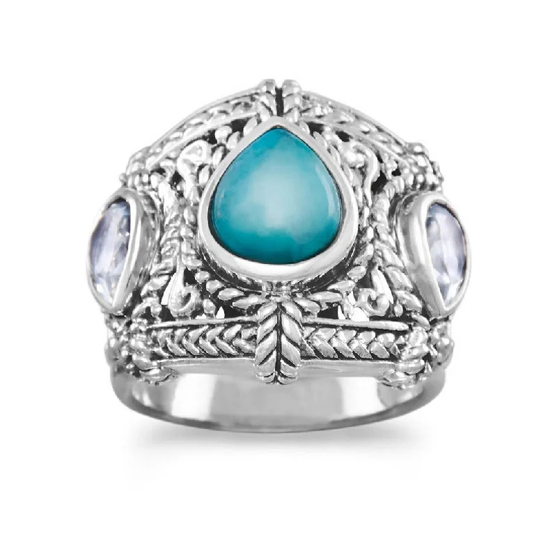 chiseled couple ring-Curata 925 Sterling Silver Blue Topaz and Simulated Turquoise Ring Ornate Oxidized