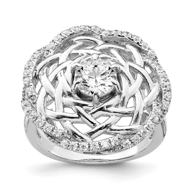 lustrous gold ring-Curata 925 Sterling Silver Rhodium Plated 6mm CZ Cubic Zirconia Center Woven Ring