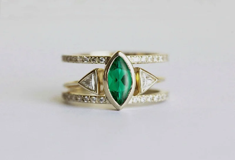 sprig chiseled ring-Olga Emerald Engagement Ring Set, Triangle Open Wedding Ring Set