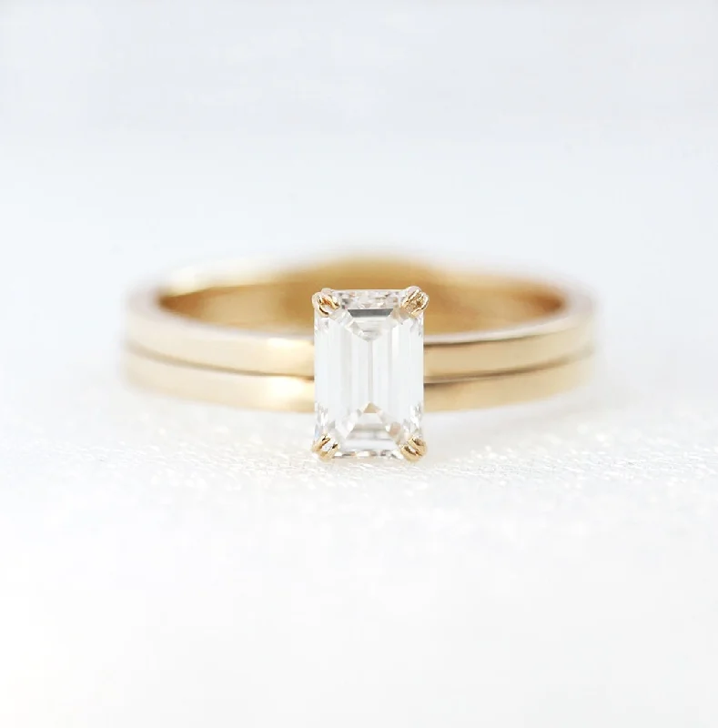 rose quartz stone ring-Emerald Cut Diamond Engagement Ring Set, 18K Gold Diamond Ring Set