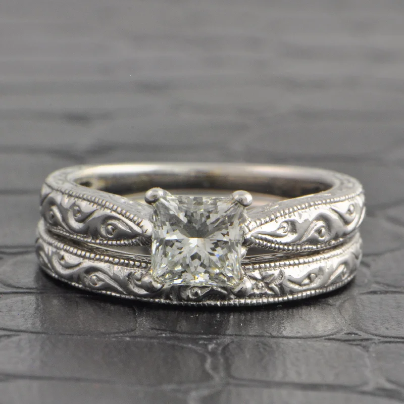 sculpted silver ring-Engraved 1.04 ct. Princess Cut Diamond Engagement Ring and Wedding Band