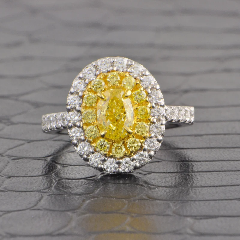 raw gold ring-Fancy Yellow Oval Cut Diamond Halo Ring in 18k Gold