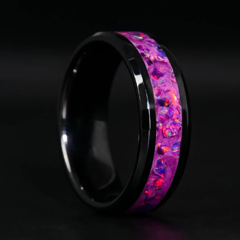 sturdy silver ring-Fuschia Opal Glowstone Ring on Black Ceramic