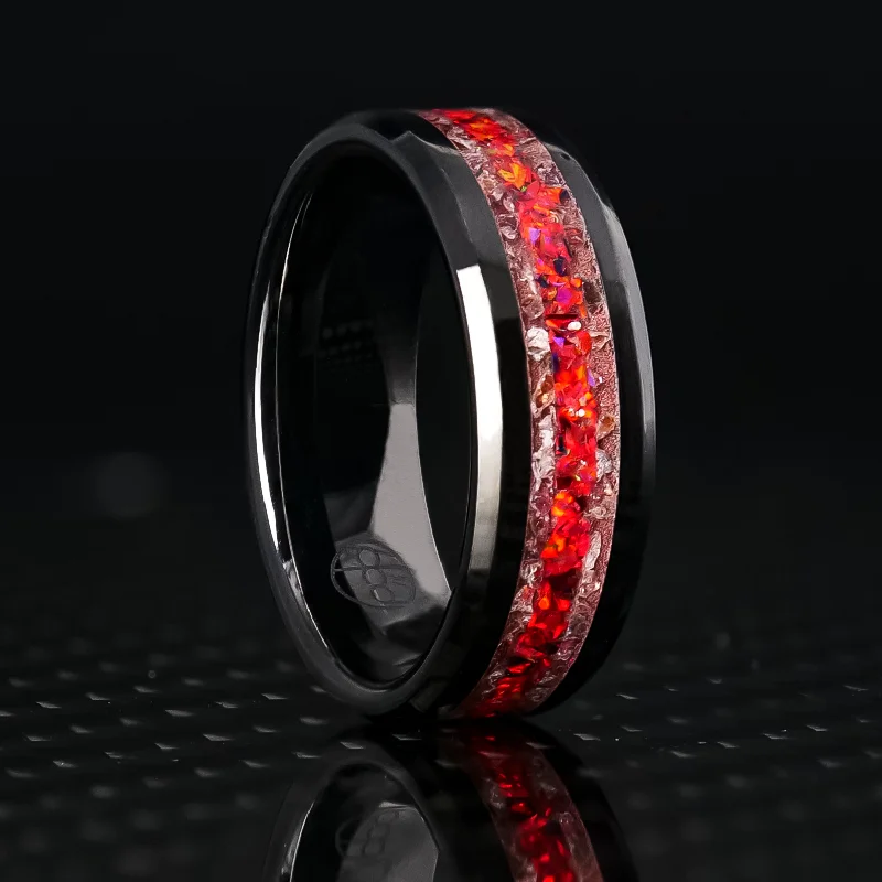 sculpted couple ring-Garnet Lava Pit Glowstone Ring on Black Ceramic