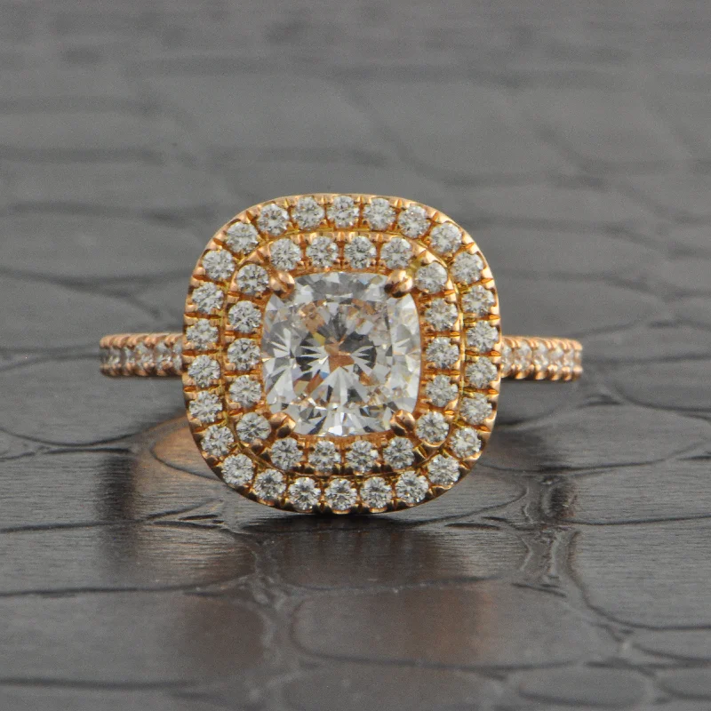 slender gold ring-GIA 1.41 D-VS2 Cushion Cut Diamond Halo Engagement Ring in Rose Gold