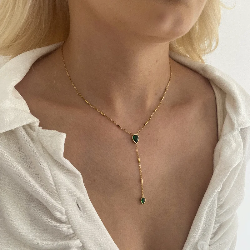 adaptable silver necklace-Gold Green Drop Necklace