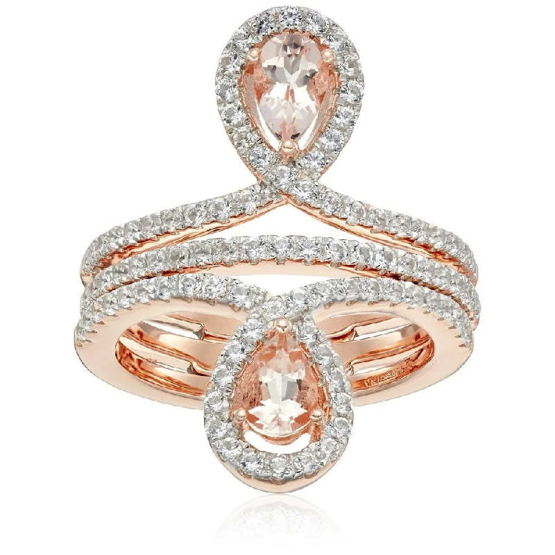 emerald stone ring-Gold-plated Silver Morganite Created Sapphire Inverted pair Ring, Sz 7 - Pink